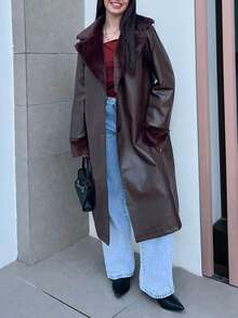 Hitanina Women's Fluffy Panel Front Button Closure Long Sleeve Casual PU Leather Trench Coat Fall Winter Cloth For Women - Brown - View 4