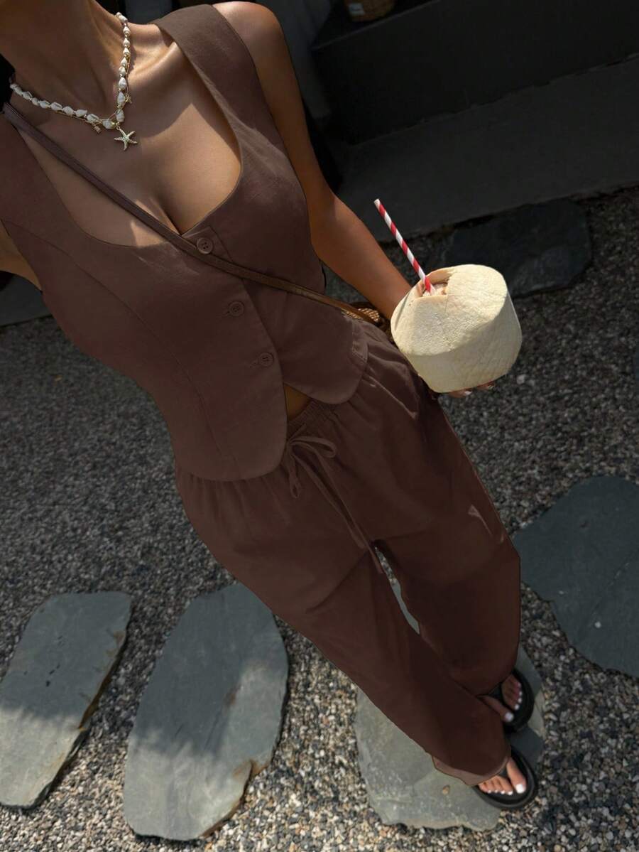 SHEIN EZwear Bộ đồ nữ màu nâu vải lanh gồm áo hai dây và quần dài, kiểu dáng thường ngày cho kỳ nghỉ hè, váy màu nâu sô cô la, quần áo màu nâu, váy màu nâu cà phê, bộ liền thân màu nâu, bộ đồ hai mảnh màu nâu, bộ đồ liền thân nữ màu nâu, áo liền quần nữ màu nâu. - màu nâu - Xem 1