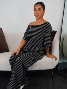 SAYEHFBABY 女士夏季简约街头服饰基本款日常穿着外出运动舒适露肩 T 恤和阔腿运动裤两件套服装 - 彩色 - 查看 5