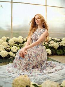 MOTF PREMIUM WOMEN'S ROUND NECK MESH PRINTED WAIST FLARED ROMANTIC LONG DRESS, SPRING/SUMMER - Multicolor - View 6