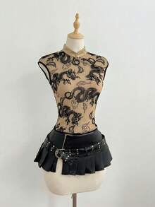 Elamini Women's Mandarin Collar Dragon Print Casual Versatile Daily Wear Cap Sleeve T-Shirt - Camel - View 5