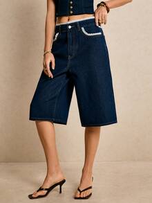 Poéselle Women's Contrast Trim Slant Pocket Casual Wide Leg Jeans - Black - View 6