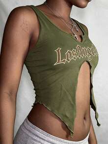 Rina Fox 女士休闲字母印花露背吊带背心，侧开衩 - 綠色 - 查看 5