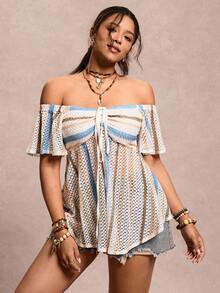 SHEIN VCAY 复古加大码休闲假日春夏海滩波西米亚风提花条纹露肩抽绳彩色T恤，母亲节，度假女士，露肩夏季上衣 - 彩色 - 查看 7