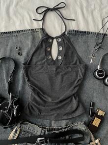 Attitoon Women's Y2K Style Metal Accent Halter Neck Tight Top, Summer - Dark Grey - View 3