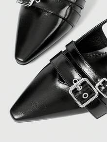 Sleekvia Women's Black Pointed Toe Front Button Gold Square Hollow Asymmetric Heel Pumps, Commuting & Casual Street Style - Black - View 10