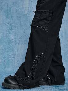 ROMWE MEN Street Life 男士时尚街头铆钉细节拼接流苏下摆阔腿牛仔裤 - 黑色 - 查看 2
