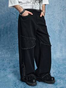 ROMWE MEN Street Life 男士时尚街头铆钉细节拼接流苏下摆阔腿牛仔裤 - 黑色 - 查看 5