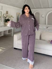 Dazy Plus 2pcs Elegant Purple Contrast Lace Loose Long Sleeve Top And Long Pants Pajama Set, Spring/Summer - Purple - View 4