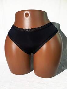 SpicyHot Solid Color Lace Hollow Out & See-Through Detail Sexy Thong Panties For Going Out - Black - View 3
