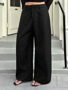 Dazy Plus Plus Size Women Casual Everyday Commute Simple Solid Color Loose Wide Leg Pants - Black - View 3