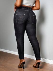 Truni 大码女士优雅高弹仿牛仔打底裤，金属扣装饰，适合通勤，曲线牛仔裤，女士高腰牛仔裤，黑色牛仔裤 - 黑色 - 查看 6