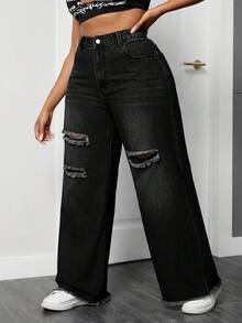 SHEIN ICON 大码女式口袋破洞宽松阔腿休闲牛仔裤 - 黑色 - 查看 5