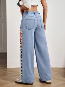 SHEIN PETITE 女士高腰口袋仿珍珠链条镂空阔腿牛仔裤 - 藍色 - 查看 2