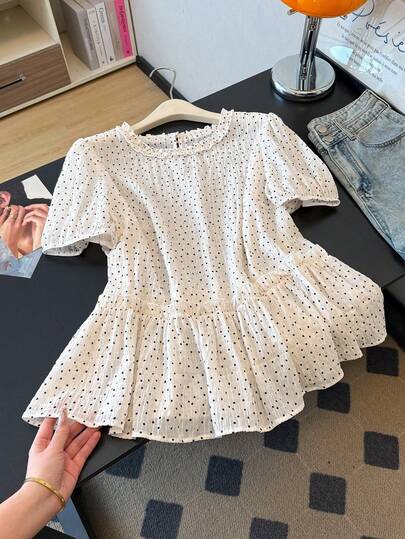 GlowEve CURVE Plus Size Women's New Elegant French Style Frill Polka Dot Petal Sleeve Blouse, Unique & Gorgeous French Chic Crop Top