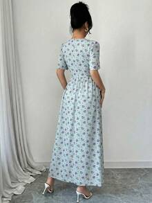 Modelyn 女士彼得潘领印花荷叶边优雅收腰长款派对连衣裙 - 藍色 - 查看 2