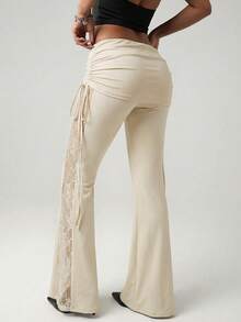 SHEIN ICON Women's Black Lace Side Splice Vacation Sexy Waist Drawstring Flare Pants - Apricot - View 2