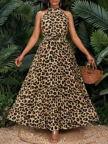 SHEIN Lady 女士夏季度假豹纹腰带系带露背中长连衣裙 - 彩色 - 查看 5
