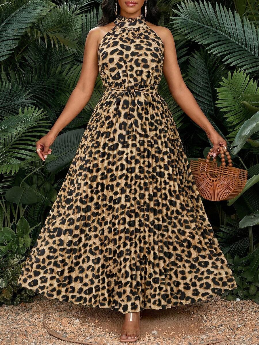 SHEIN Lady Women's Summer Vacation Leopard Print Waist Tie Halter Mid-Length Dress,Summer Dresses For Women - Multicolor - View 1