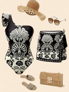 Swim Oasis Traje de baño de una pieza con volantes, estampado tropical, atar al frente para mujer, ideal para vacaciones de verano en la playa - Blanco y Negro - Ver 1