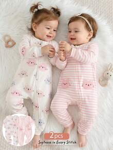 Set de 2 piezas de mono de manga larga con cuello redondo de punto suave con estampado de animales de dibujos animados para bebé niña - Rosa - Ver 1