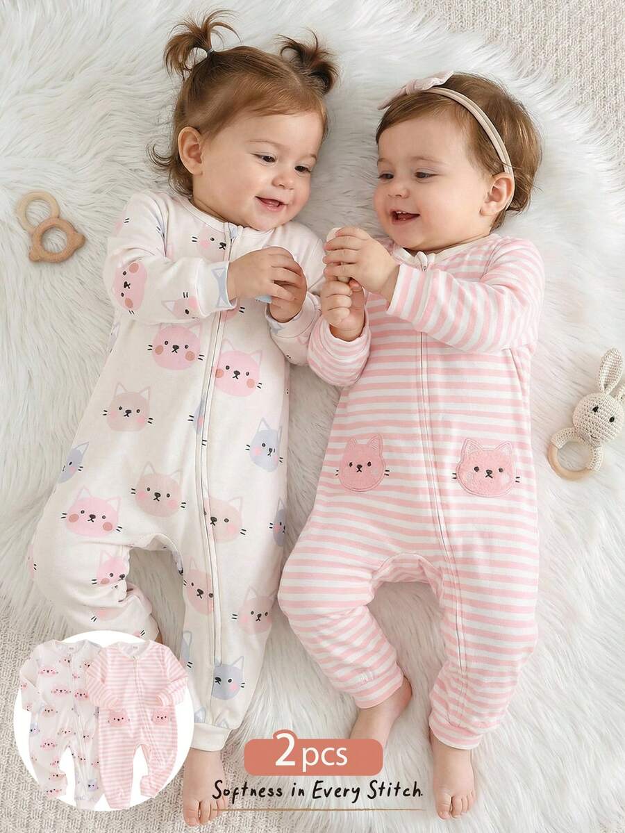 Set de 2 piezas de mono de manga larga con cuello redondo de punto suave con estampado de animales de dibujos animados para bebé niña - Rosa - Ver 1