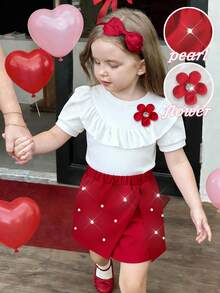 SHEIN Elladie kids 两件套女童休闲新款T恤套装，女童两件套，白色荷叶边领罗纹上衣配红色花朵胸针+红色珍珠装饰短裙套装，幼儿儿童优雅短袖上衣和高腰开衩短裙，适合派对、生日、休闲场合。女童衬衫，女童裙装，女童春季服装，女童套装，3-4岁女童每日穿搭，夏季服装……柔软连衣裙，魅力连衣裙，时尚正式连衣裙，基础款，度假风，派对装扮 - 彩色 - 查看 5
