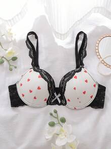 DelicateAllure Women's Contrast Color Lace Patchwork Bow Decor Heart Print Bra Cute Bra Push Up Bra - Multicolor - View 1