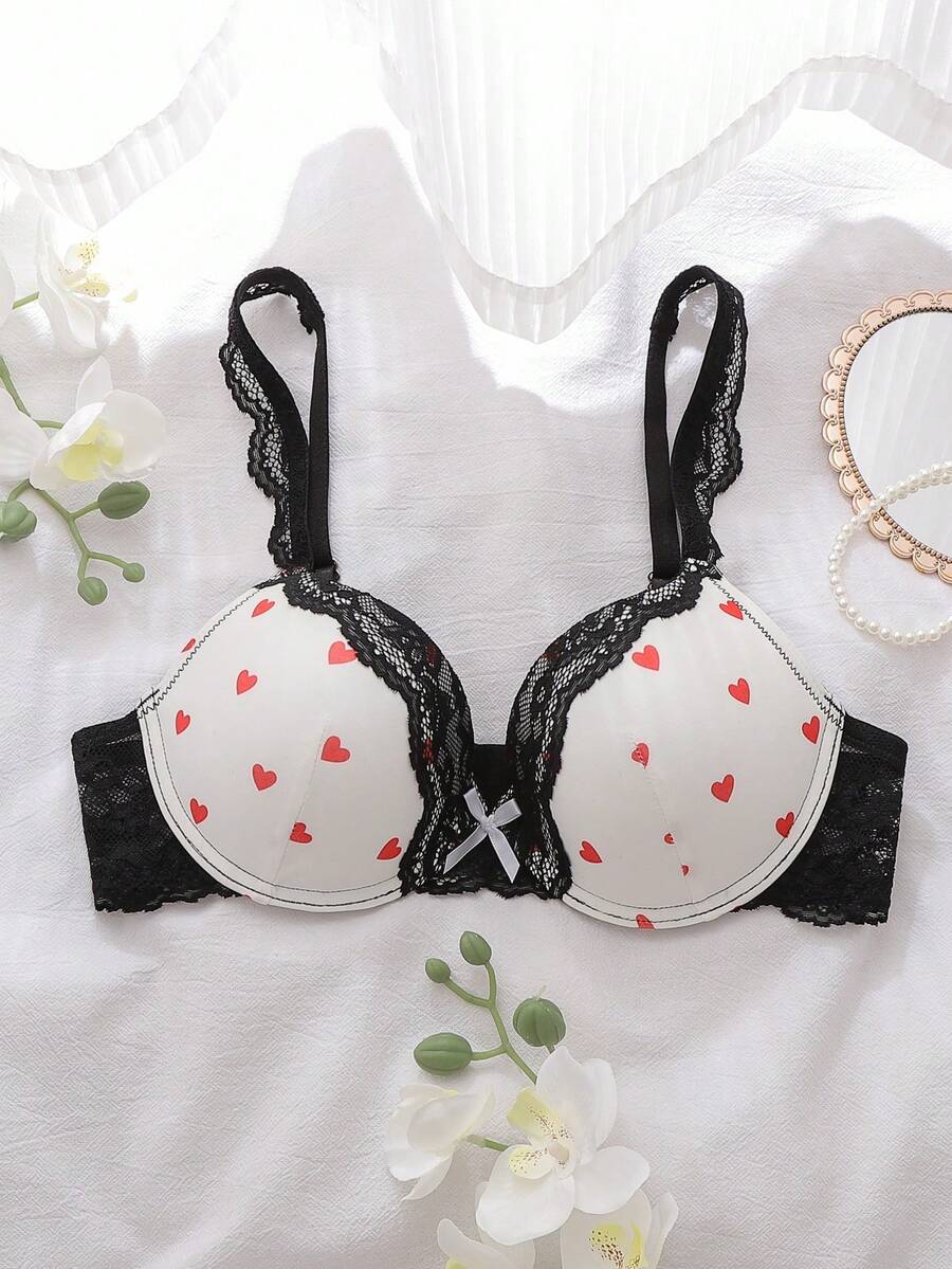 DelicateAllure Women's Contrast Color Lace Patchwork Bow Decor Heart Print Bra Cute Bra Push Up Bra - Multicolor - View 1