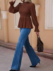 SHEIN Clasi Damen neue elegante plissierte strukturierte Langarm Bluse, geeignet für täglichen Arbeitsweg, Büromode und vielfältige Anlässe, Frühlings-Karnevals-Kostüm für Damen, Oster-Sommer-Urlaubstag, elegantes Geschenk für Mutter, Festival, Stranddate Nacht - Kaffeebraun - Übersicht 7