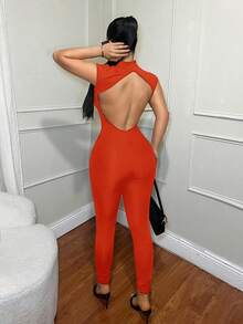 SHEIN SXY 性感深V领纯色露背连体裤 - 紅色 - 查看 2