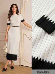 Lilora Vestido de punto de manga corta ajustado con bloqueo de color elegante, conjunto de ropa sofisticada y elegante para mujer de otoño/invierno a primavera/verano - Blanco y Negro - Ver 2