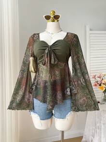 Comfortcana 大码女式波西米亚复古印花喇叭袖荷叶边下摆衬衫，春夏款 - 彩色 - 查看 4