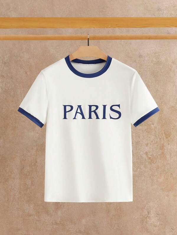 HIMLAND Camiseta de manga corta casual diaria para hombres con estampado de letras y color contrastante