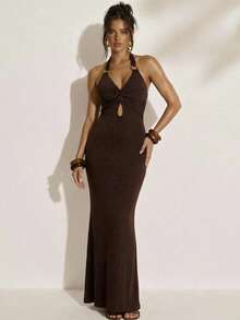 SHEIN BAE Vestido ajustado halter de unicolor con decoración de anillo para mujer - Marrón - Ver 4