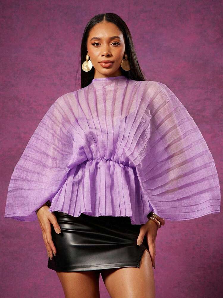 Vixey Sheer Mock Neck Long Sleeve Peplum Hem Pleated Textured
