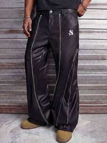 AXEPEAK Men's Zipper Decor Button Casual Wide Leg Pants - Black - View 3