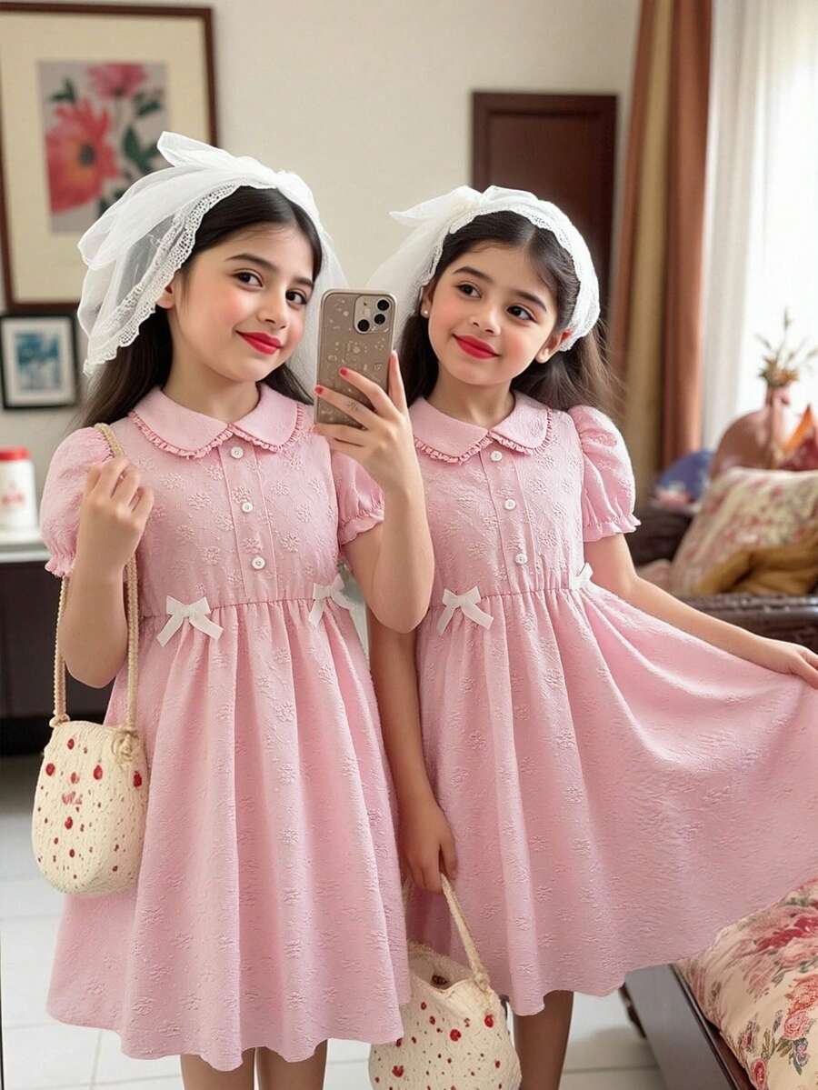 SHEIN ChillGRL Streecool 少女宽松腰A字连衣裙，纯色3D立体压纹面料，衬衫领，蝴蝶结装饰，适合春夏休闲穿着 - 粉色 - 查看 1