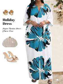 Fleurora Plus Size Casual Floral Print V-Neck Batwing Sleeve Maxi Dress,Women's White Summer Boho Flowy Vacation Holiday Beach Caftan,Tropical Resort Outfits - Multicolor - View 1