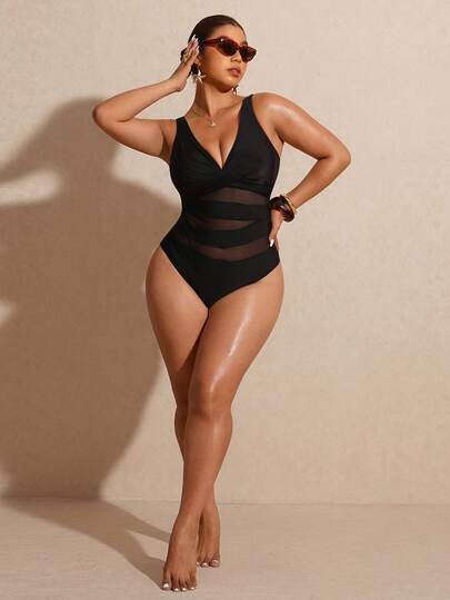Elaquor Plus Size Women Mesh Patchwork Sexy One-Piece Swimsuit, Suitable For Beach Vacation, Pool Party, Beach Party Spring/Summer Casual Beach Vacation Swimsuit For Women Spring/Summer Black Swimsuit Outfits For Women