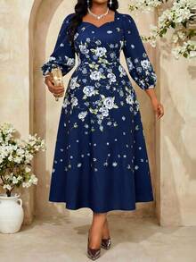 Fleurora Đầm dự tiệc cỡ lớn thanh lịch in hoa tay phồng - Nhiều màu - Xem 5