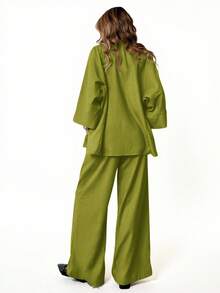 Aveloria Modichic 2件套 女士混纺侧开衩宽松衬衫和高腰阔腿裤 优雅商务休闲女装 - 綠色 - 查看 6