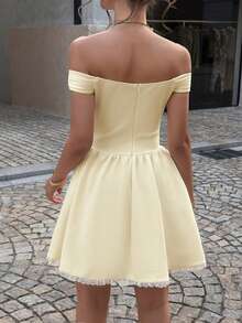 Lucivie 女士优雅杏色高领露肩束腰荷叶边泡泡袖休闲度假迷你连衣裙 - 淡黃色 - 查看 2