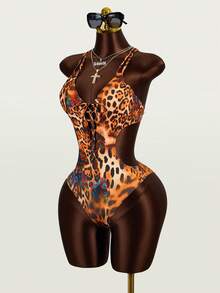 Zestiva Damen sexy Leoparden-Muster Hollow One-Piece Badeanzug, geeignet für Strand & Resort Wear, Sommer Damen Badeanzüge Damen Bademode Leoparden-Muster Badeanzug One Piece Badeanzug mit Schnürung vorne - Verschiedenfarbig - Übersicht 7