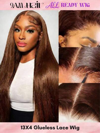 ALL READY WIG Glueless13x4 巧克力棕色蕾丝前假发 人发带婴儿头发 180 密度直蕾丝前假发 预拔发际线 4# 棕色假发 26 英寸