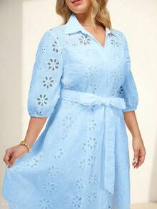 Momelise 大码女式优雅纯色V领镂空刺绣灯笼袖开衫，配纽扣腰带长裙，大码茶会连衣裙，大码镂空连衣裙，大码浅蓝色连衣裙，大码女式夏季套装 - 藍色 - 查看 1