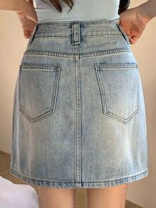 DAZY Women's High Waist Pockets Rhinestone Embellished Casual Denim Skirt - Blue - View 4