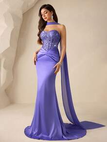 Coutiva 女士亮片拼接褶裥鱼尾下摆飘逸优雅连衣裙 - 紫色 - 查看 6