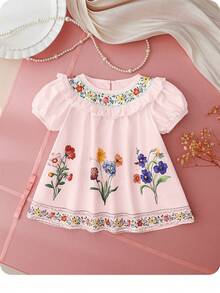 Newborn Baby Girl Cute Floral Pattern Ruffle Trim Loose Casual Dress Wildflower Dress Baby Puff Sleeve Baby Dress Baby Girl Floral Embroidery Dress Pink Baby Dress Baby Daisy Dress,Kids - Pink - View 3