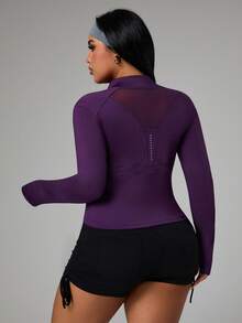 Rhythm Era 大码运动时尚半拉链卫衣，紧身长袖荧光撞色网眼拼接上衣 - 紫色 - 查看 2